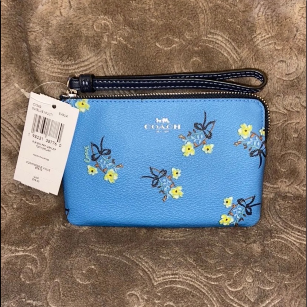 Coach Corner Zip Wristlet With Floral Bow Print